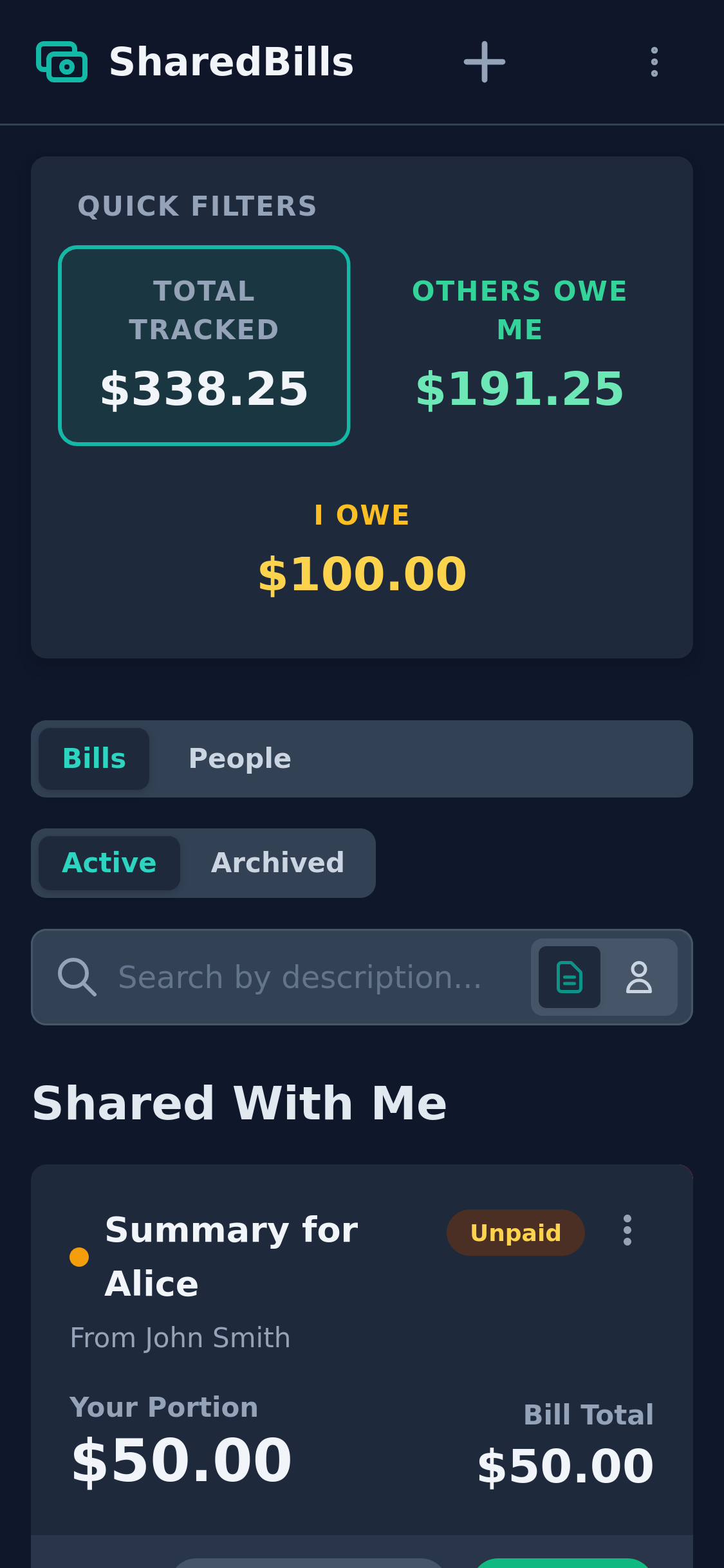 SharedBills dashboard showing a summary of bills, amounts owed, and a list of recent expenses.