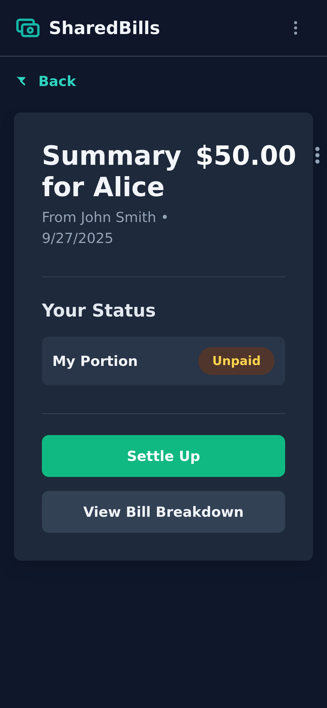 Bill details screen showing participants, their individual shares, and their payment status (paid or unpaid).
